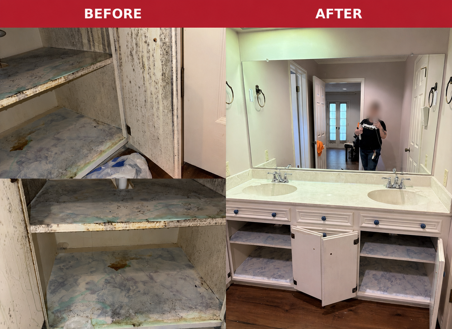 Before-and-after deep clean of a bathroom vanity cabinet, showing mold removal and a fresh clean interior