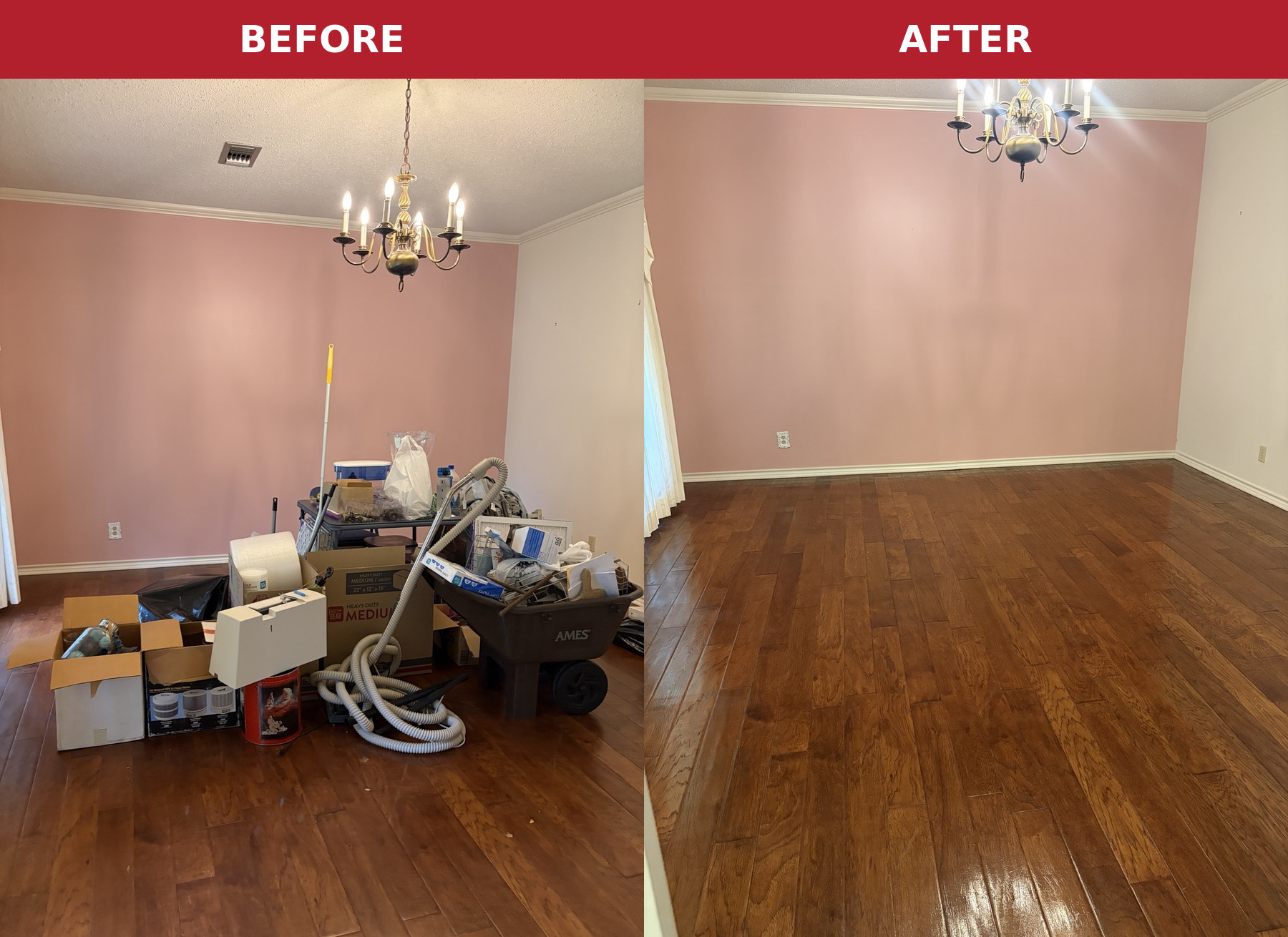 Before-and-after dining room cleaning, showing removal of clutter and freshly cleaned wood floors