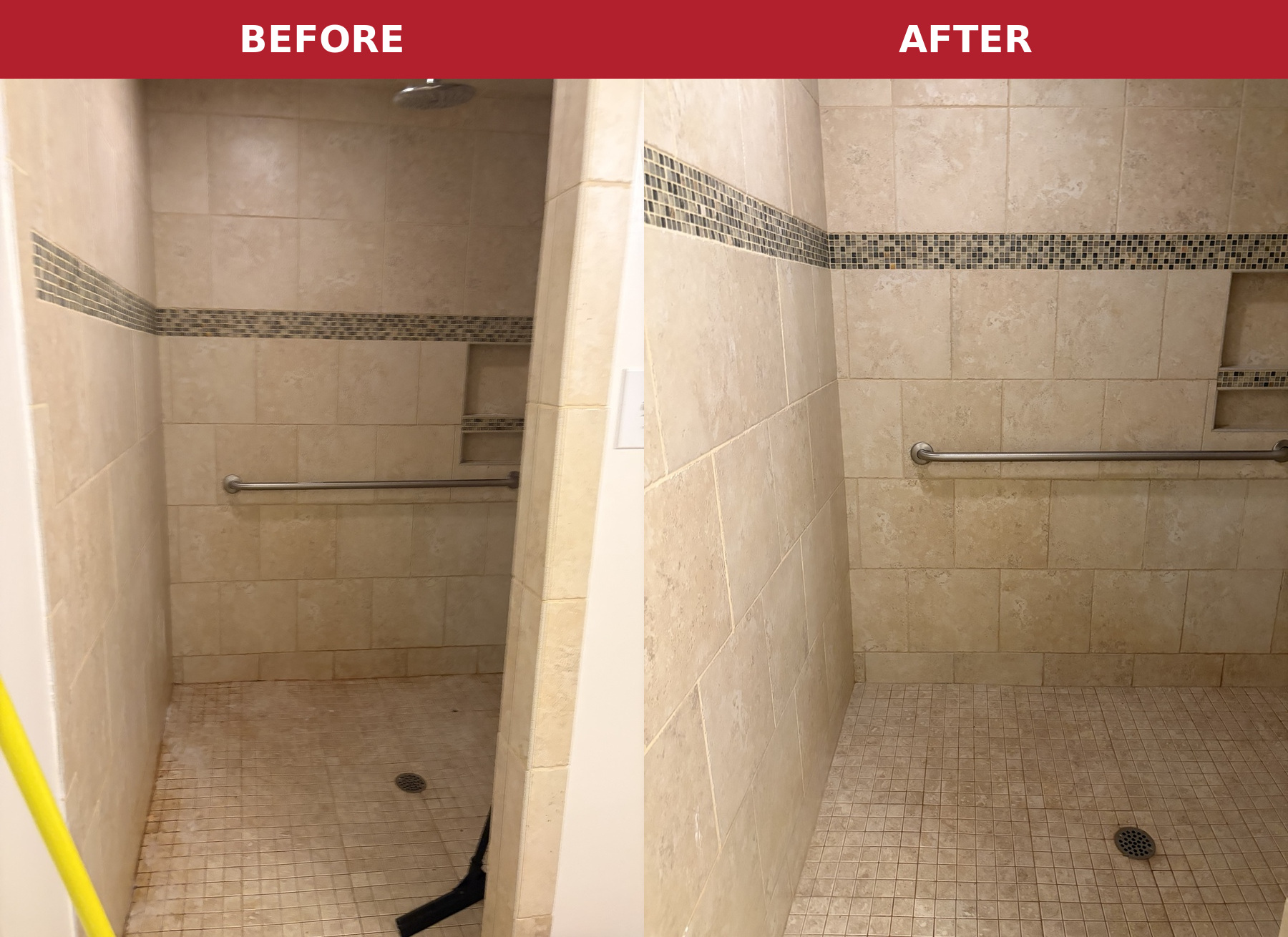 Before-and-after shower deep clean, showing refreshed tile and grout